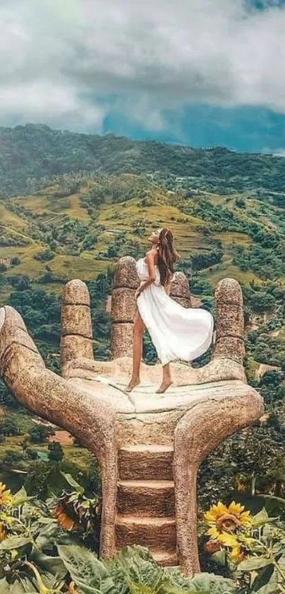 A woman stands atop a giant hand sculpture in a lush, green landscape.