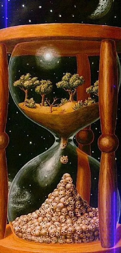 Surreal hourglass artwork with trees amidst cosmic background.