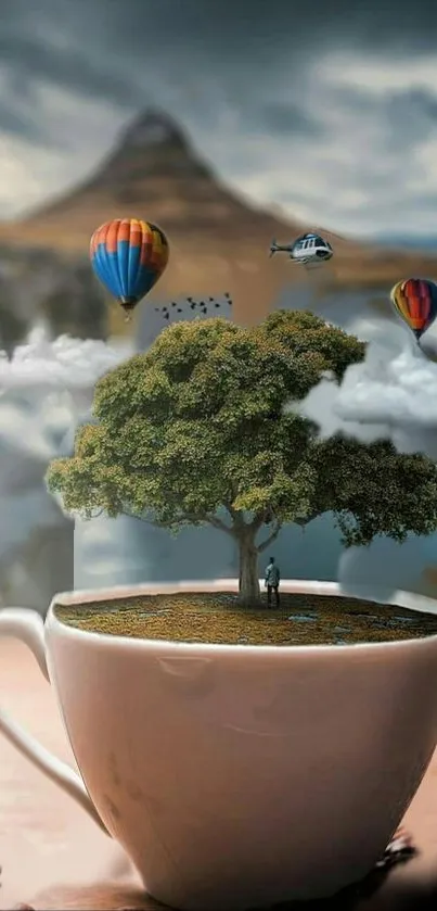 Surreal wallpaper with tree in teacup, balloons, and dreamy landscape.