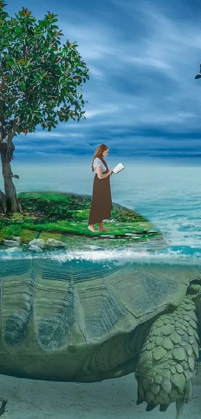 Surreal wallpaper with tree and turtle island above the ocean.
