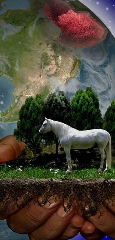 Surreal wallpaper with a horse and Earth in hands.