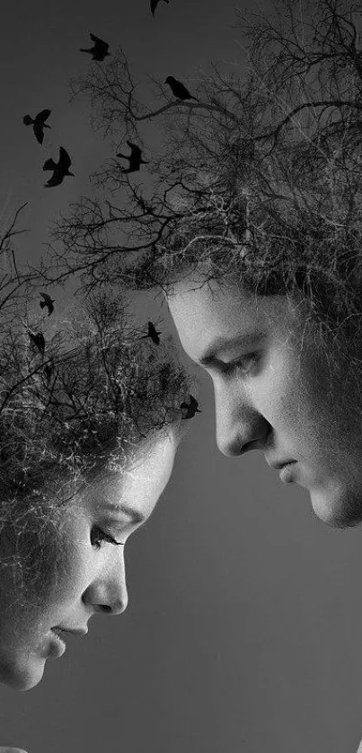 Surreal black and white portrait wallpaper with nature elements.