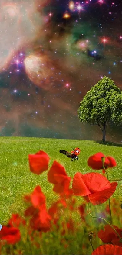 Surreal landscape with flowers, tree, and starry sky.