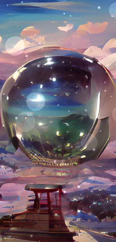 Surreal reflective sphere in vibrant landscape wallpaper.