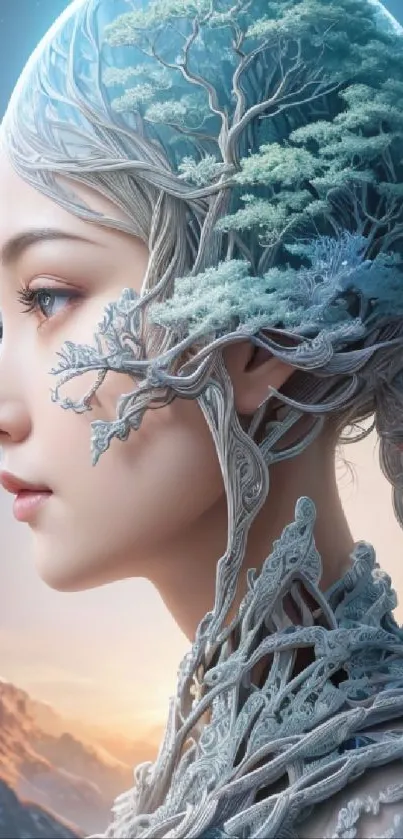 Surreal artwork of woman merging with nature, set against a mountain backdrop.