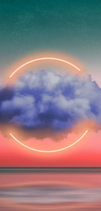 Dreamy cloud with neon circle against a coral red and teal gradient sky.