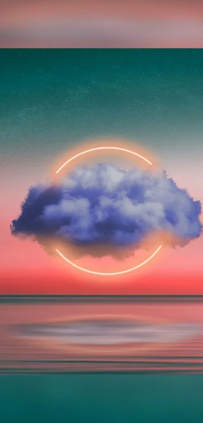 Surreal wallpaper with neon-lit cloud over teal ocean and pink sky.