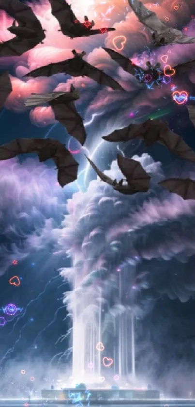 Surreal wallpaper with bats flying among dramatic storm clouds and lightning.