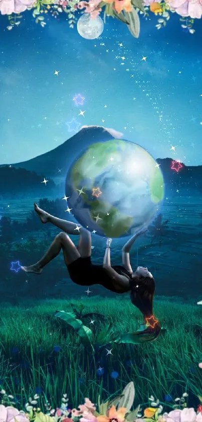 Woman holding Earth in surreal landscape with floral border and night sky.