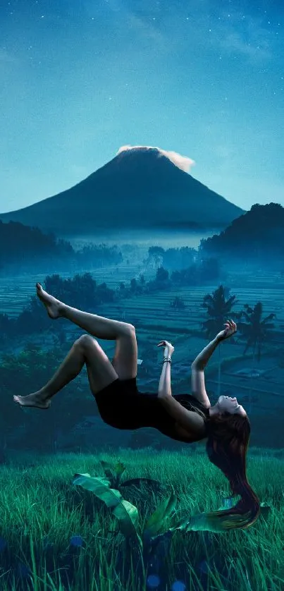 Surreal night landscape with floating figure and mountain backdrop.