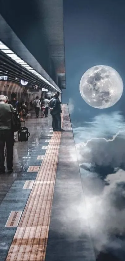 Metro station with moon and clouds at night, creating a surreal atmosphere.