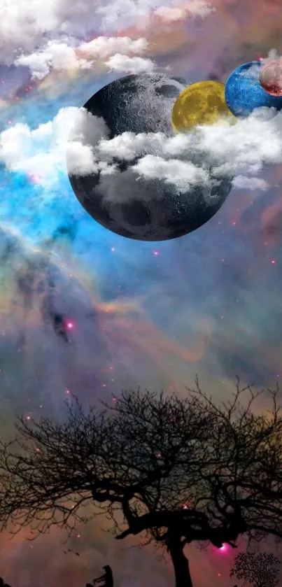 Surreal night sky art with moon and clouds.