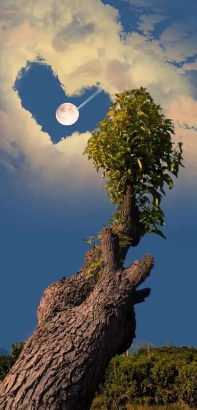 Surreal tree reaching heart-shaped clouds with a bright moon in the night sky.