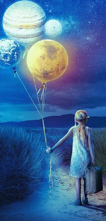 Girl holds planets as balloons under a starry night sky in surreal mobile wallpaper.