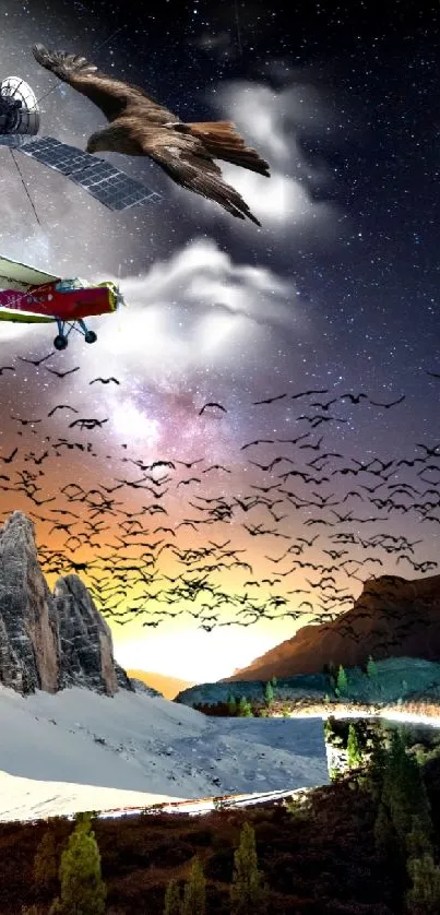 Surreal landscape with moon, plane, and birds in a vibrant night sky.