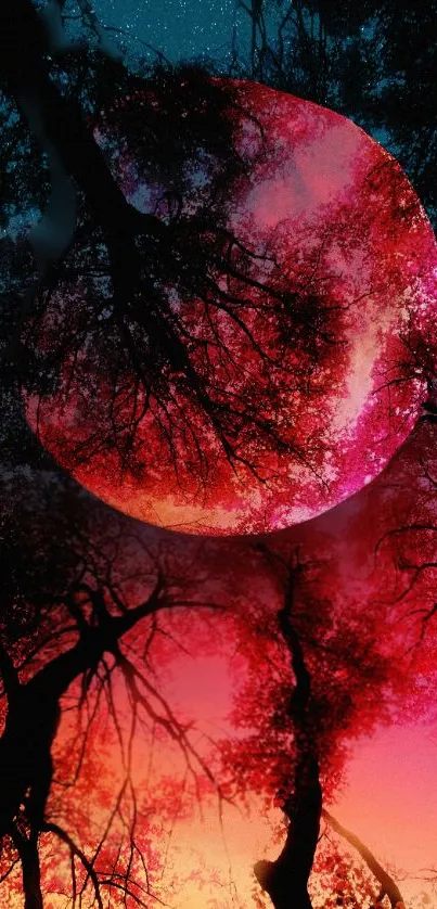 Surreal pink moon and trees wallpaper with vibrant colors.