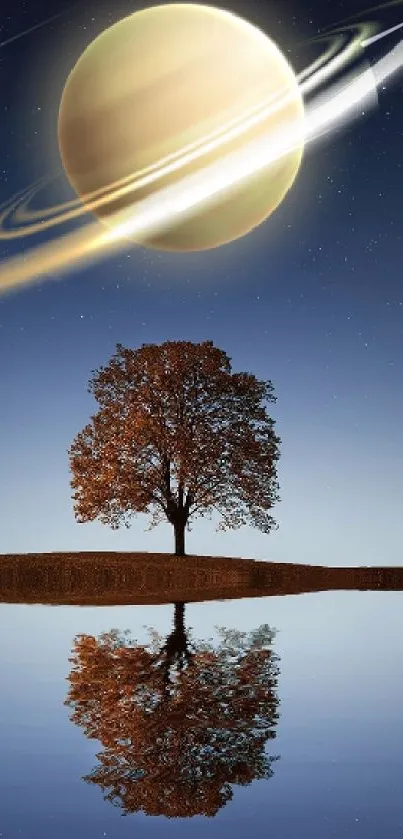 A surreal wallpaper with Saturn and a tree reflection.