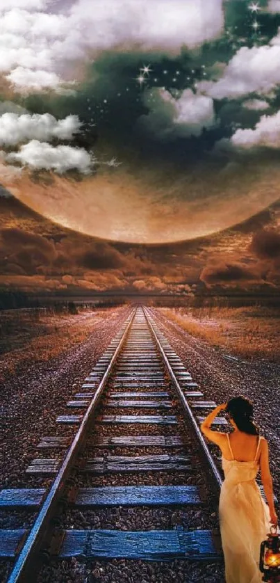 A woman walking under a large moon on railway tracks in a surreal night scene.