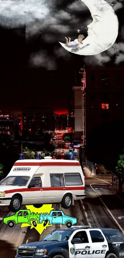 Surreal city street at night with whimsical moon and vehicles.