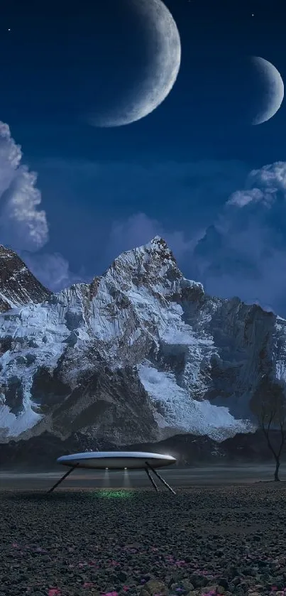 Surreal nightscape with UFOs over mountains.