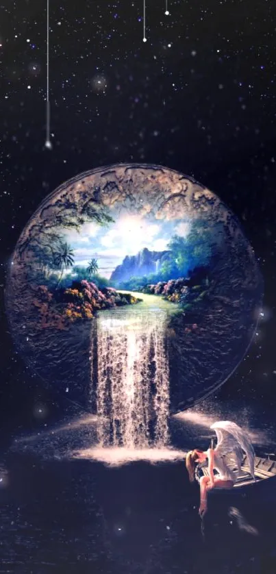 Surreal waterfall scene with celestial sphere on starry night background.