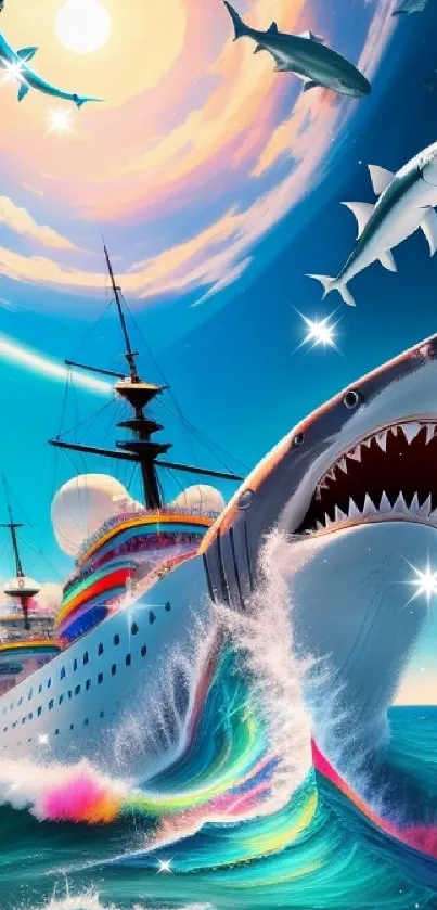 Surreal shark ship sailing through colorful ocean waves under a vibrant sky.