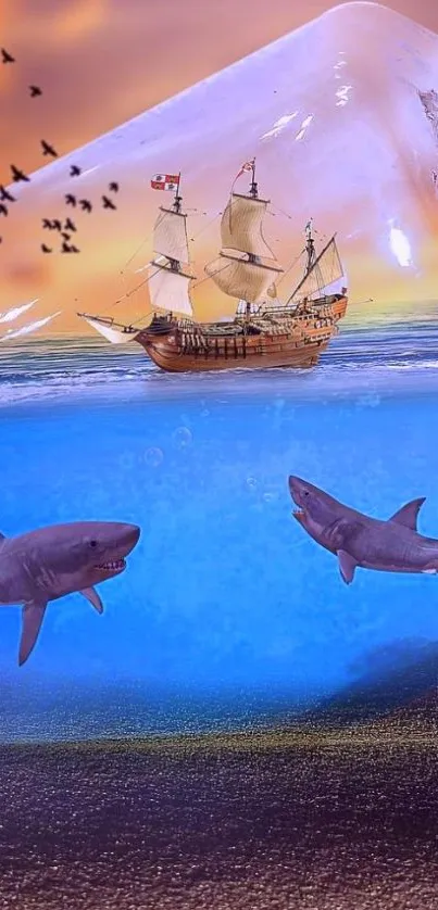 Surreal ocean scene with ship and sharks under vibrant sky.