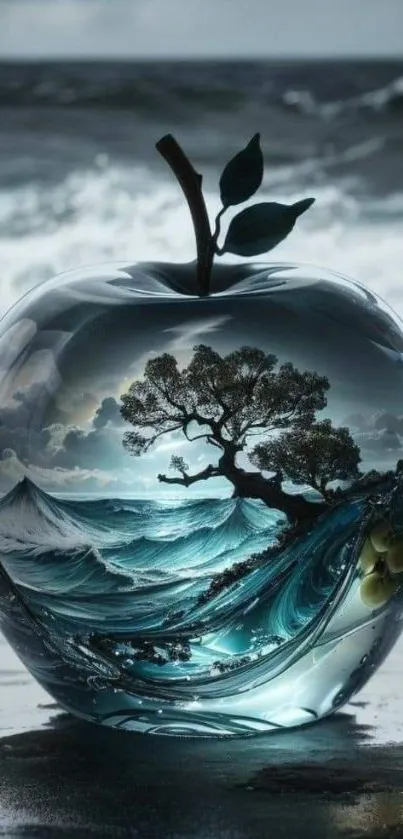 Surreal glass apple with ocean scene inside, waves and tree art.