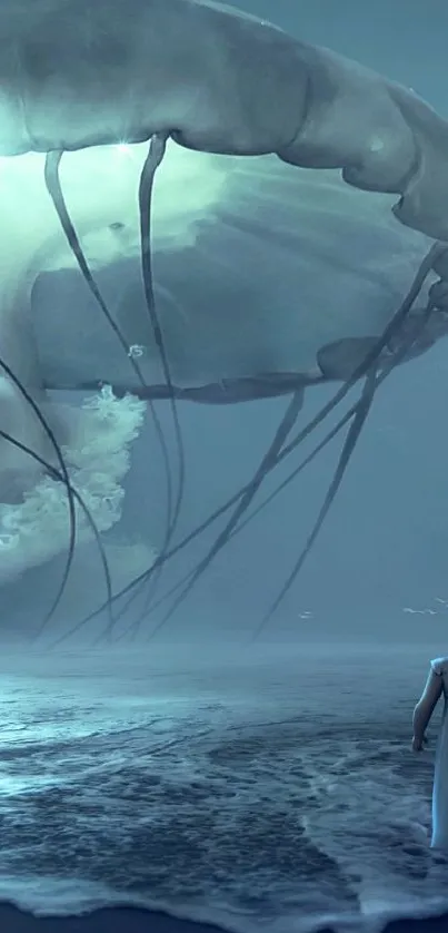 Surreal ocean scene with jellyfish and children under moonlight.