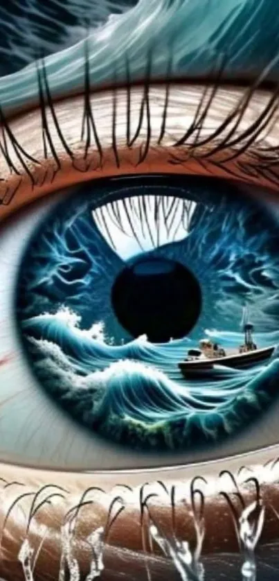 Surreal ocean wave within an eye illustration.