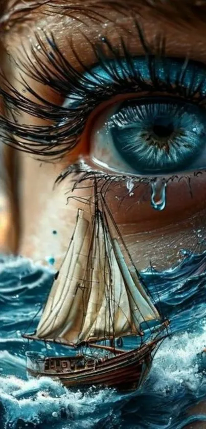 Close-up of eye with ocean waves and ship artwork.