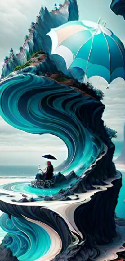 Surreal ocean landscape with waves and umbrella.