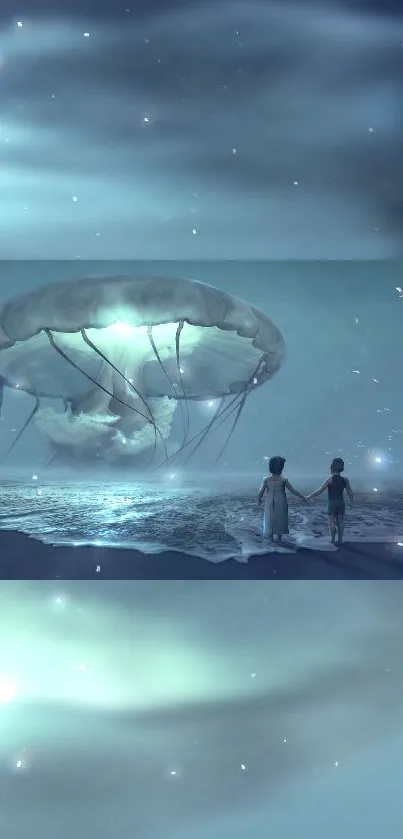 Surreal scene with giant jellyfish floating over the ocean at night, with two silhouetted figures.