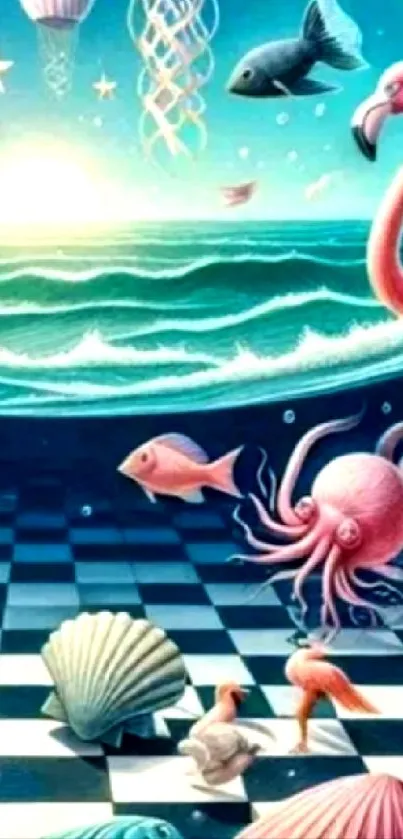 Surreal ocean artwork with sea creatures and flamingos at sunset.