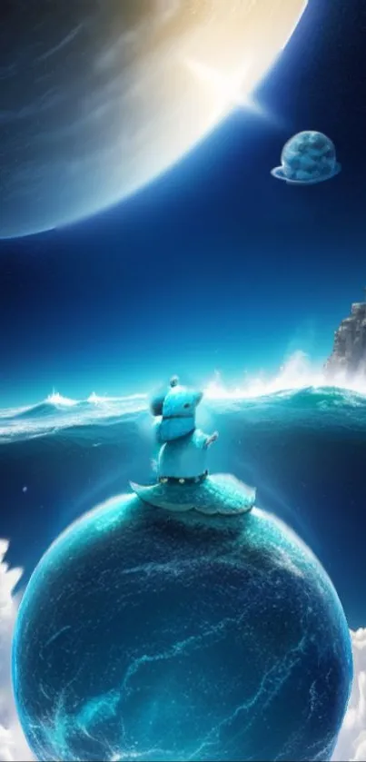 Blue bear atop a planet in a surreal ocean fantasy scene with waves and a castle.