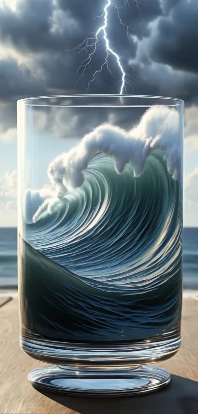 Surreal art of an ocean wave inside a glass with lightning.