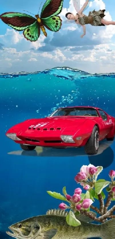 Surreal ocean wallpaper with car, butterfly, person, and fish.