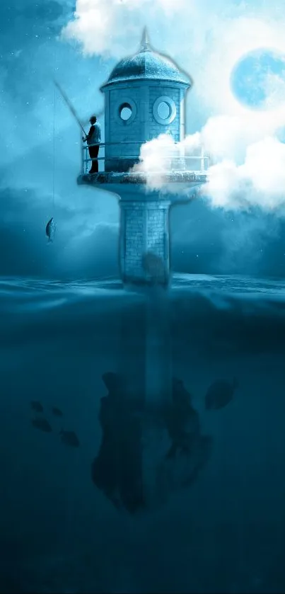 Surreal lighthouse over ocean under a mystical moon.