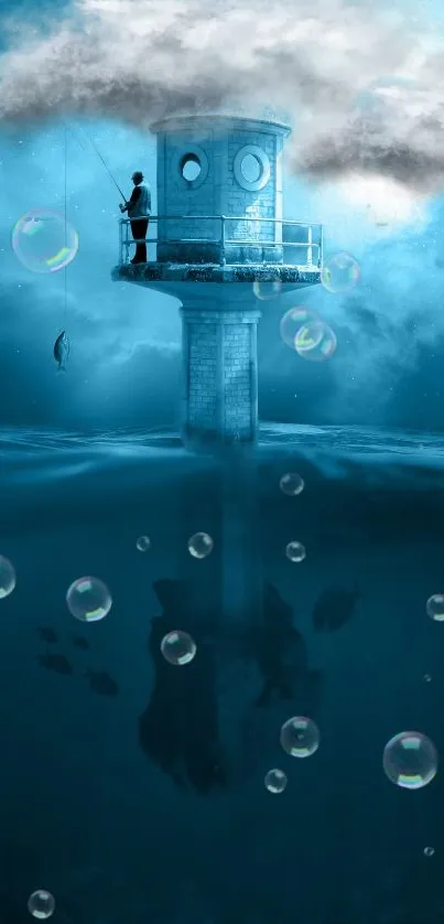 Surreal ocean scene with lighthouse and fish.