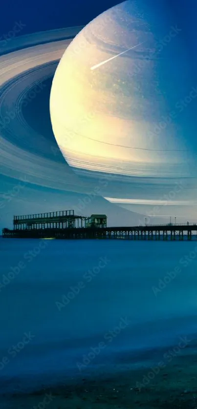 Saturn hovering over a tranquil ocean with pier, creating a surreal cosmic scene.