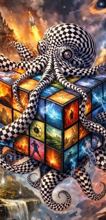 Surreal octopus with Rubik's Cube in fantasy setting.