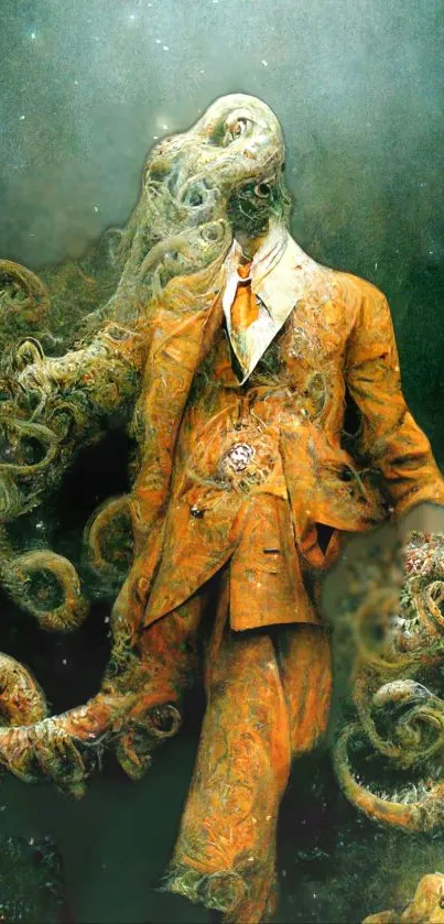 Surreal man in octopus-like suit with dark green and orange hues.