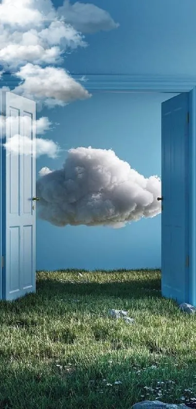 Surreal scene with open doors, a cloud, and green grass on a mobile wallpaper.