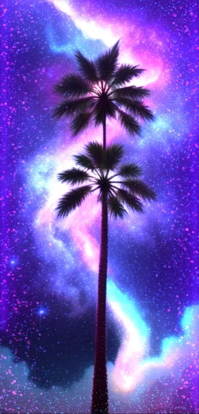 Surreal palm tree with a cosmic galaxy sky.