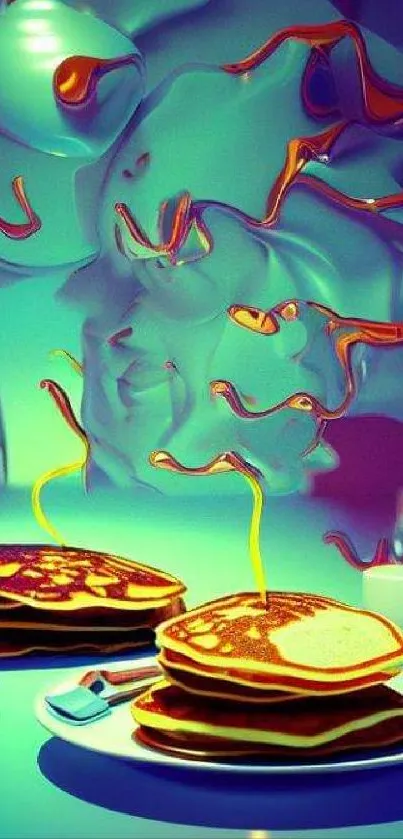 Surreal pancake scene with vibrant colors and abstract curves.