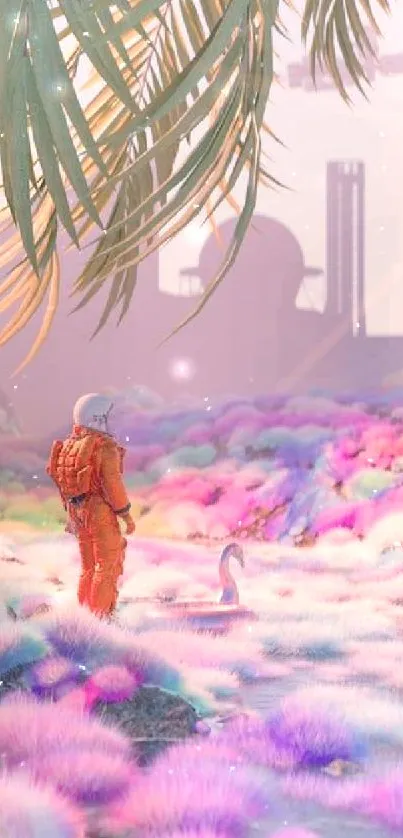 Astronaut standing in a pastel surreal sci-fi landscape.