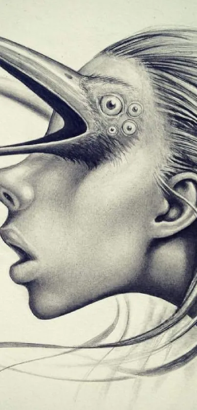 Surreal pencil sketch of human-bird portrait.