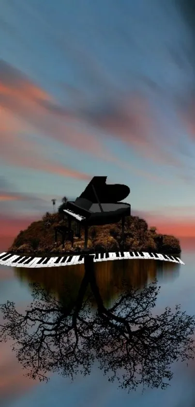 Surreal landscape with a piano island under a colorful sky, creating a unique mobile wallpaper.