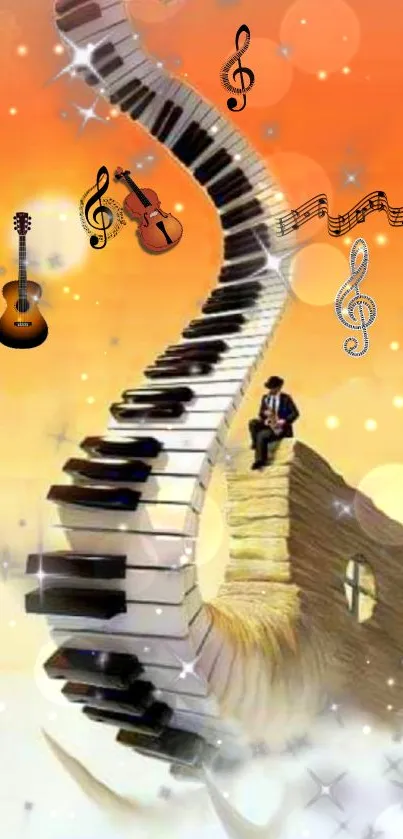Winding piano keyboard under an orange sunset in a surreal artwork.
