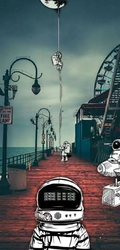 Surreal wallpaper with astronauts on a pier.